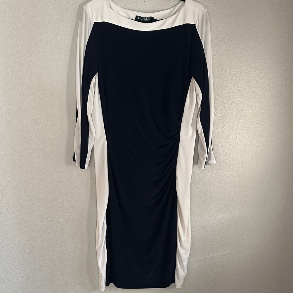 Lauren Navy and White Long Sleeve Colorblock Dress 14